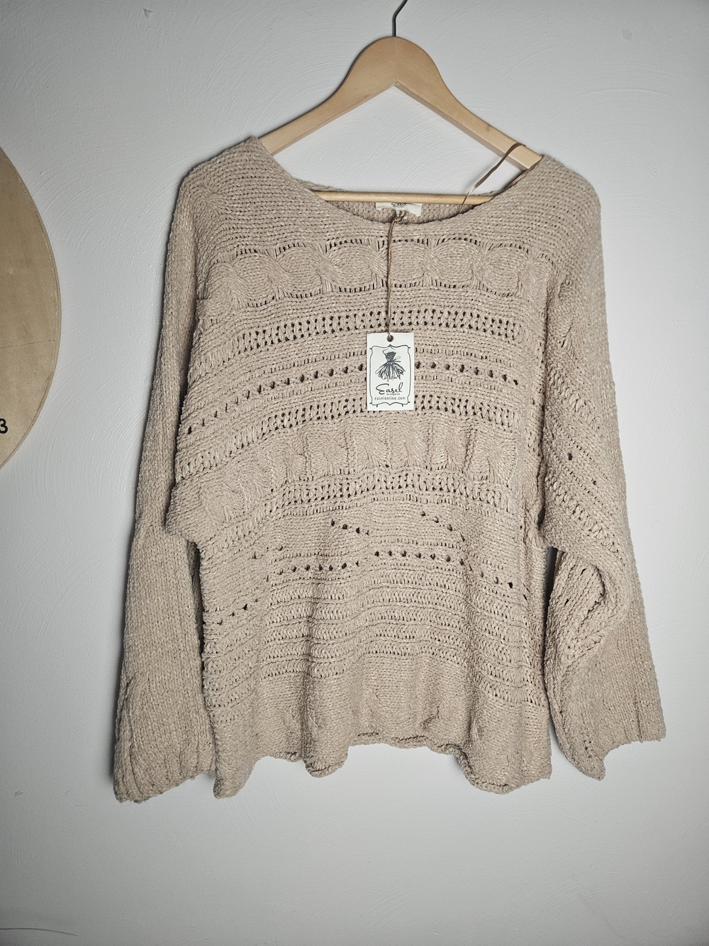 Sezane Beige Open-Knit Crewneck Sweater